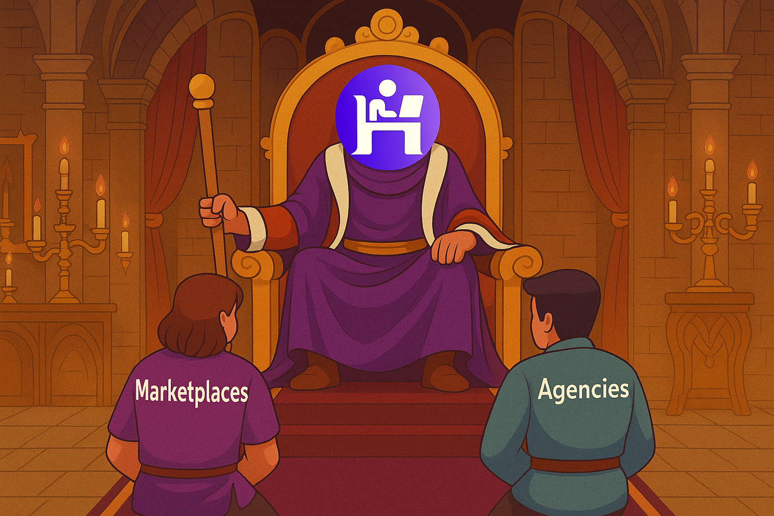 An image showing a king with the HireNewTalent logo presiding over agencies and marketplaces.