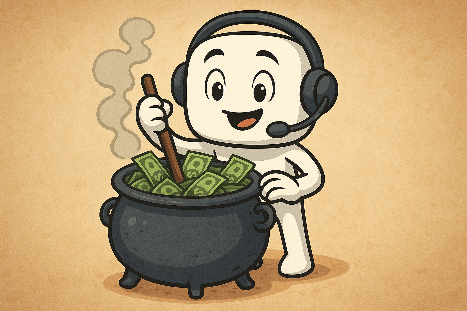 An image showing a Virtual Assistant stirring a pot full of money.