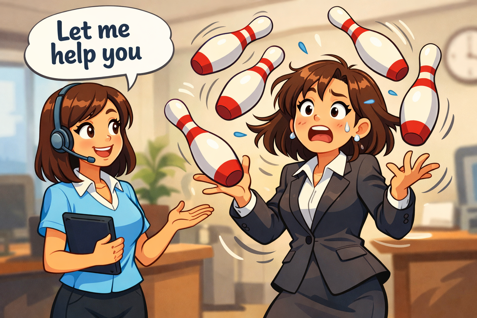 A stylish businesswoman in a suit juggles bowling pins while a Virtual Assistant watches her and says: Let me help.