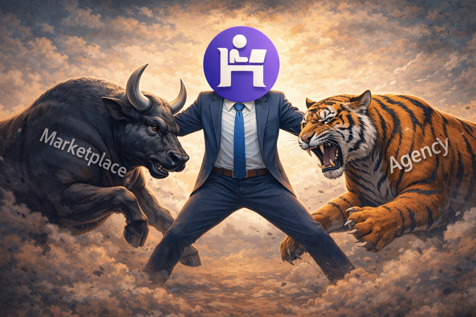 Illustration showing a virtual assistant with the hirenewtalent logo as a face, standing in between a bull and a tiger, with agency and marketplace written on each, respectively.
