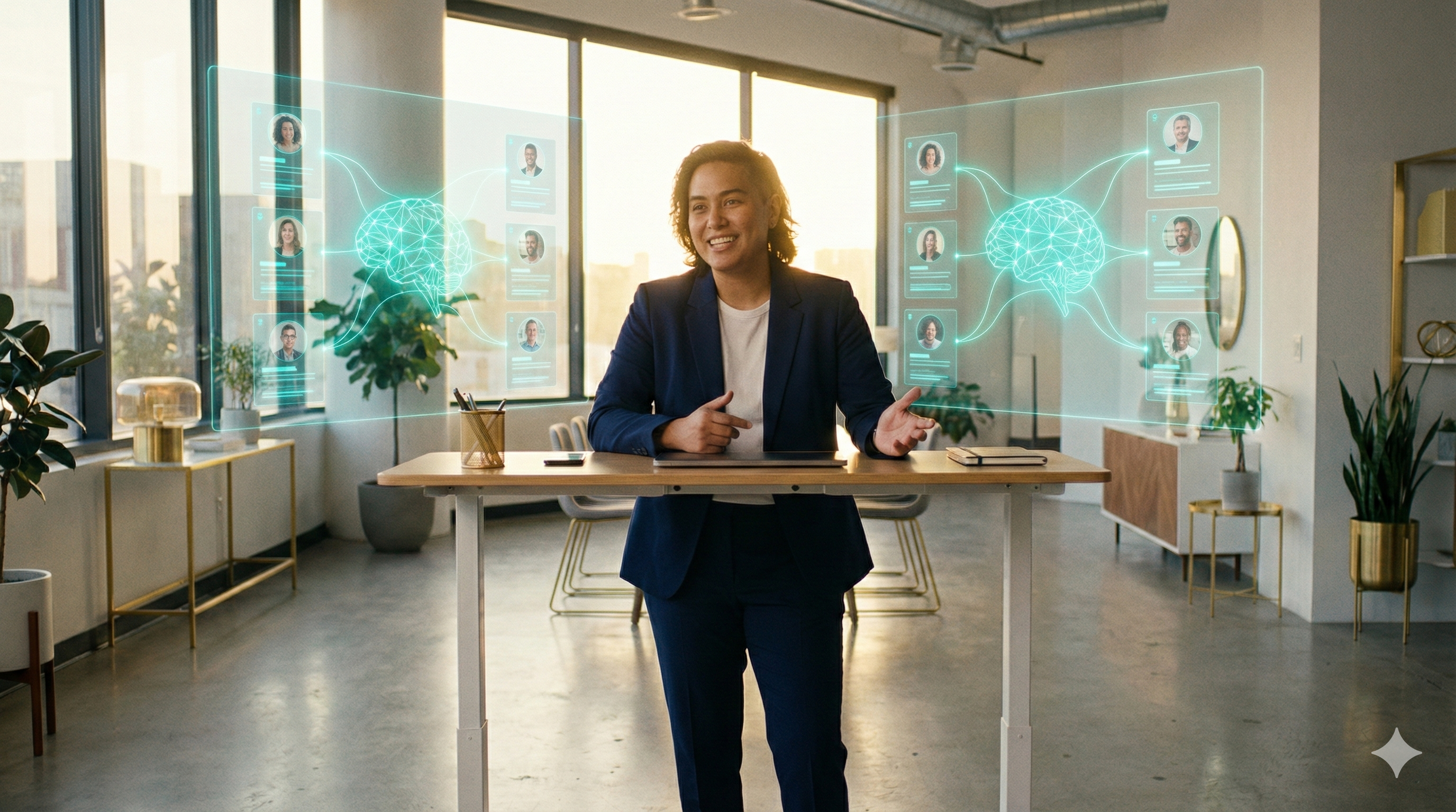 A futuristic startup workspace with holographic screens showing talent profiles being matched by AI, with a confident founder at the center directing operations.