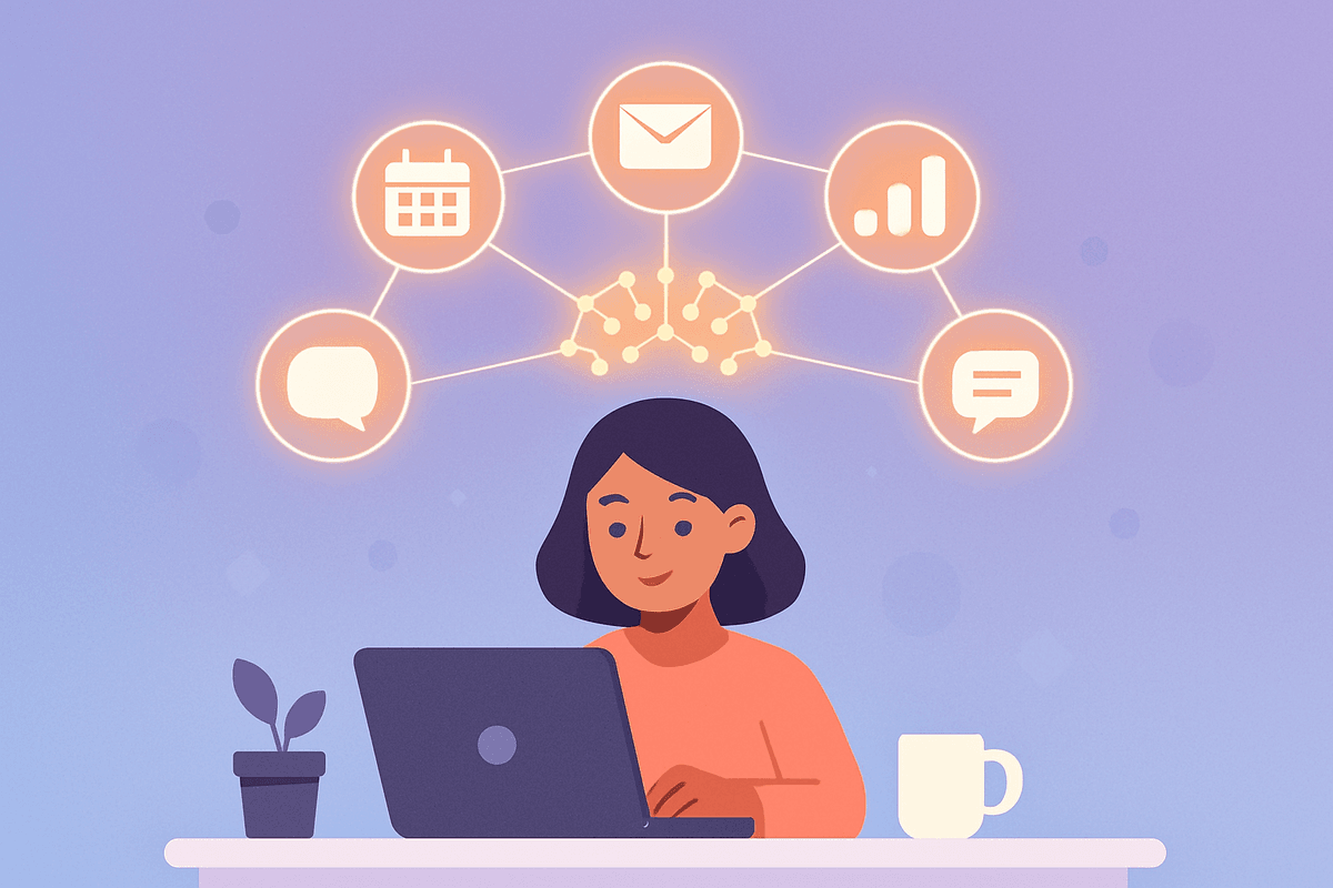 A virtual assistant using AI tools on a laptop with productivity charts showing dramatic improvement