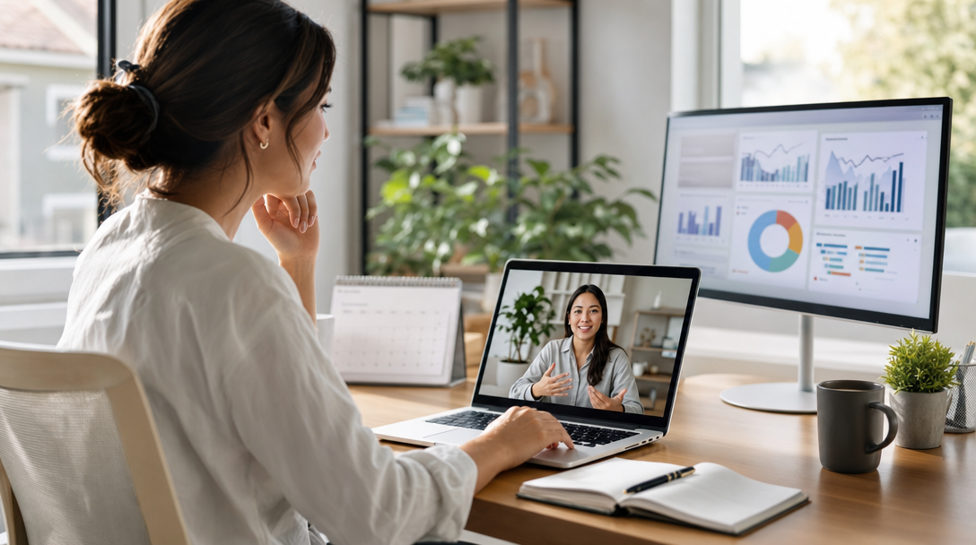 A small business owner reviewing AI tool dashboards with a virtual assistant collaborating remotely on a laptop, warm editorial workspace