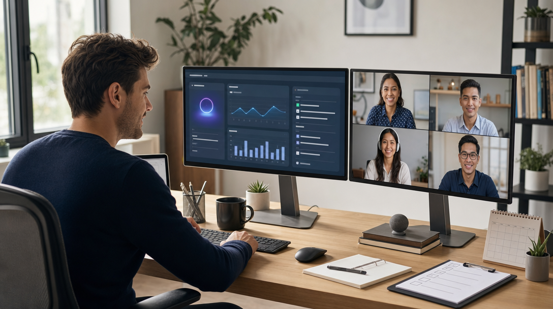 Solopreneur working at a desk with an AI dashboard and offshore VA collaboration tools open on dual monitors