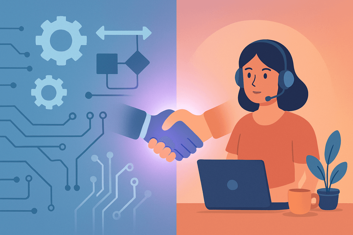 A workflow diagram showing automation handling repetitive tasks while a human VA manages complex decisions