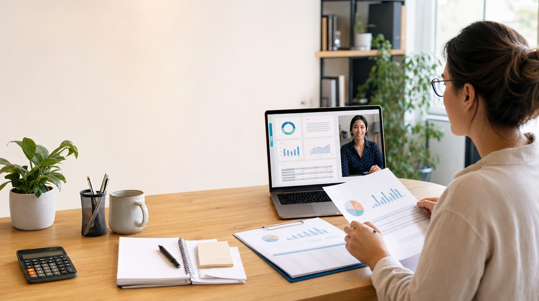A small business owner reviewing financial reports at a clean desk, with a laptop showing a cloud accounting dashboard and notes about task delegation