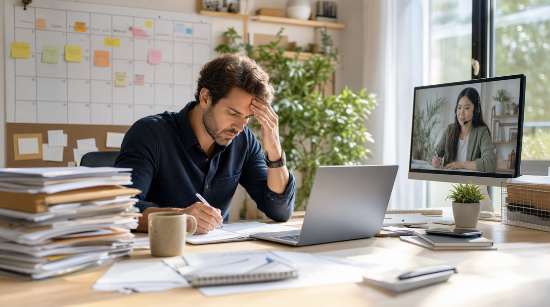 Executive at a modern desk surrounded by stacked tasks and calendar chaos, illustrating the opportunity cost of not hiring a virtual assistant