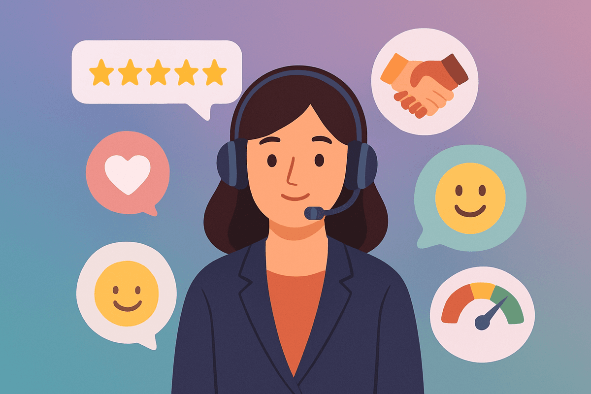 A customer receiving excellent support from a virtual assistant with satisfaction metrics showing improvement