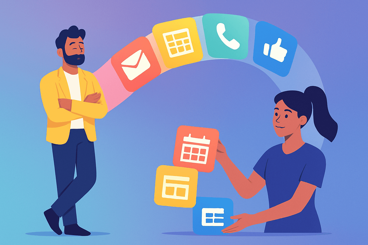 A business owner focusing on strategy while task cards flow to a virtual assistant showing effective delegation