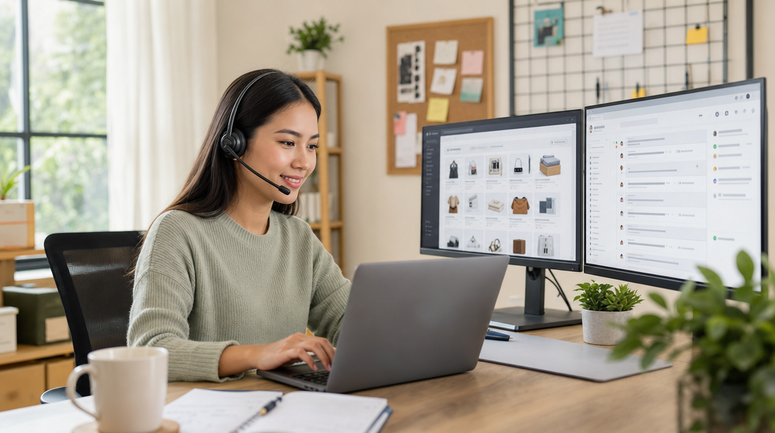 A virtual assistant working at a laptop handling customer support emails for an ecommerce store, with an order management dashboard and open Gorgias ticket queue visible on a second monitor