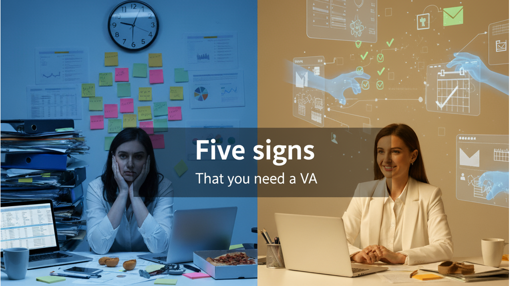 An infographic showing the 5 critical signs you need a virtual assistant, with icons representing overwork and growth.