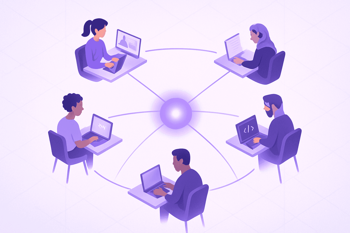A modern team structure diagram showing fractional workers and virtual assistants surrounding a core business