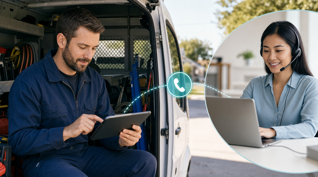 An HVAC technician in a work van reviewing a tablet, with a phone call indicator showing a routed call to a remote virtual receptionist