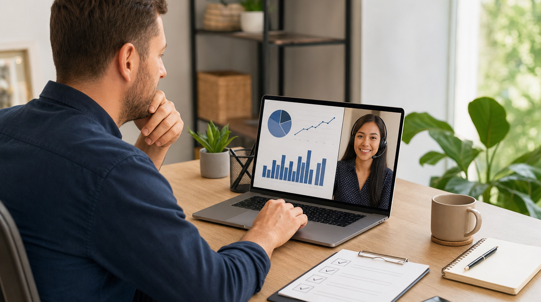 Small business owner at a clean desk reviewing productivity metrics on a laptop, with a remote team member visible on screen during a video call