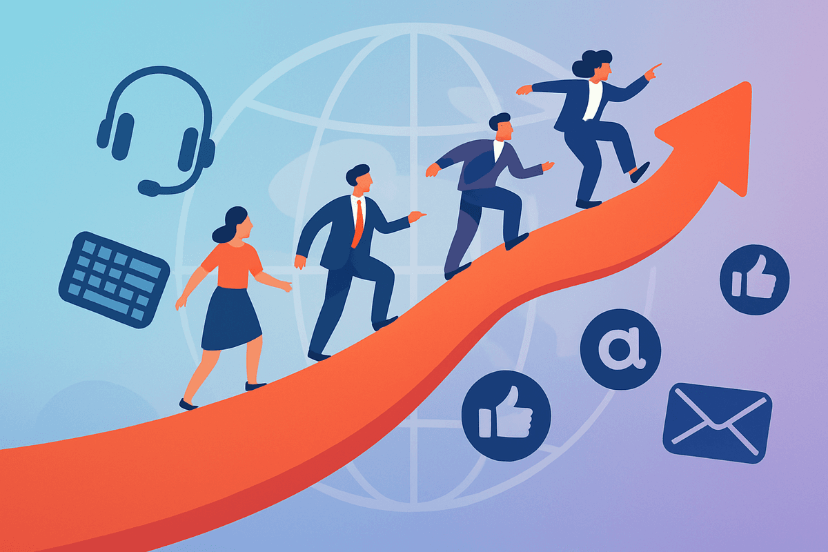A globe showing global outsourcing connections with growth charts indicating the $450 billion market size
