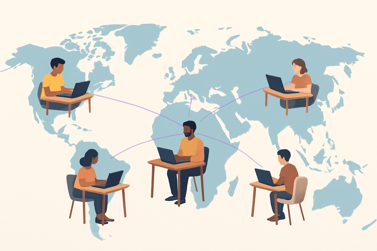 A small business owner collaborating remotely with team members on multiple screens from a modern home office