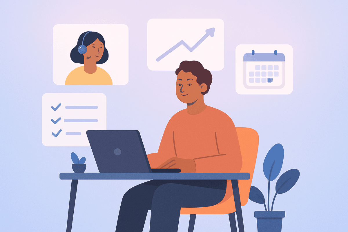 A solopreneur working from a home office with a virtual team displayed on screen showing collaboration