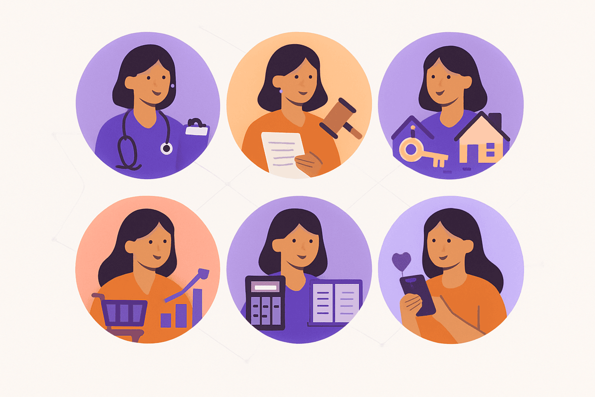 Icons representing specialized VA roles including medical, legal, real estate, and e-commerce virtual assistants