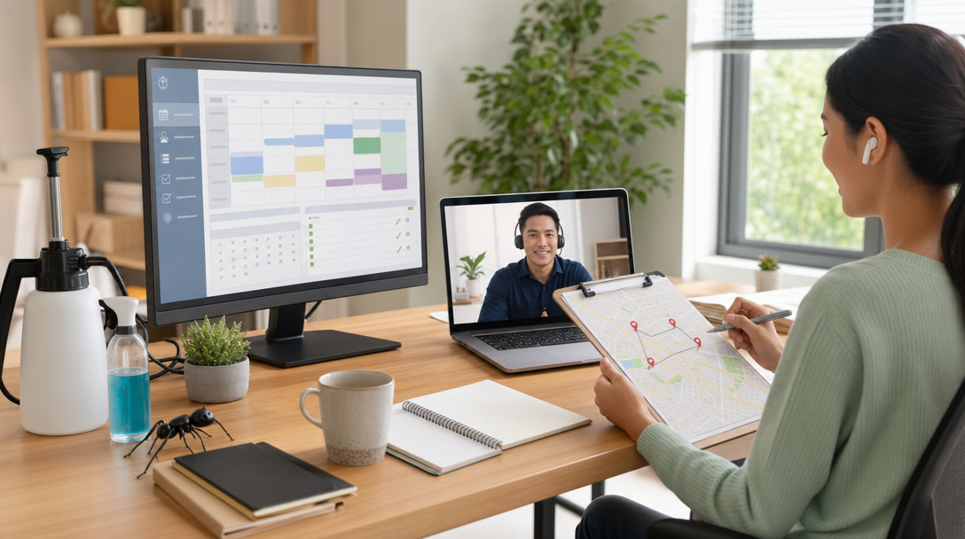 A modern home office setup with scheduling software on screen and a pest control route map on a clipboard, representing remote business management for a pest control company