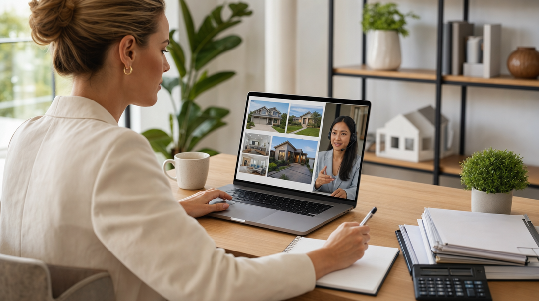 Real estate agent at a modern desk reviewing property listings on a laptop, with calendar and document tools visible in the background.
