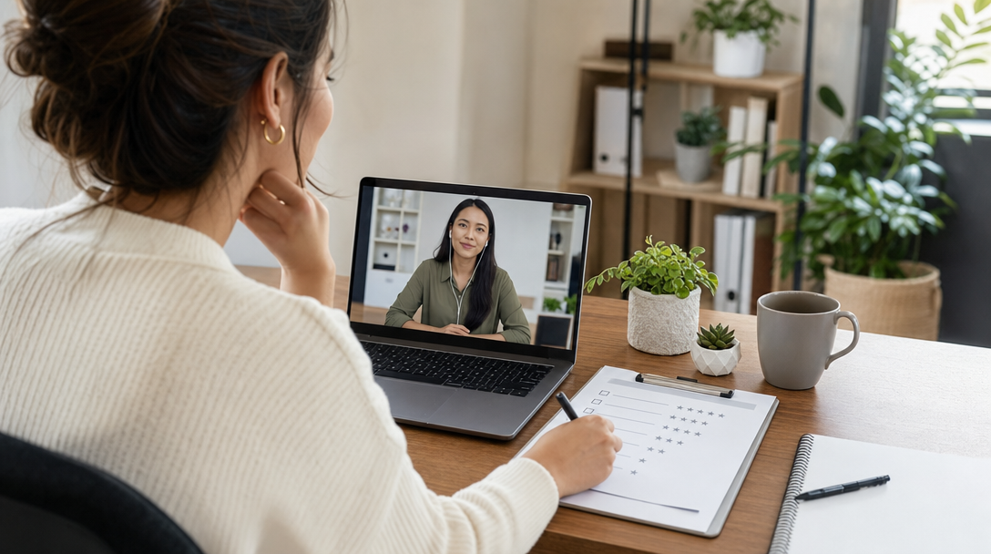 Agency owner at laptop running a structured virtual assistant interview via video call, with a checklist and rating sheet visible on the desk