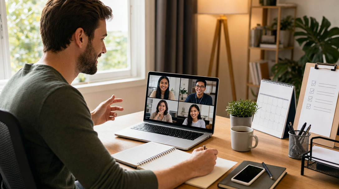 Startup founder coordinating with a small remote virtual assistant team visible on laptop screens, warm office lighting, modern workspace