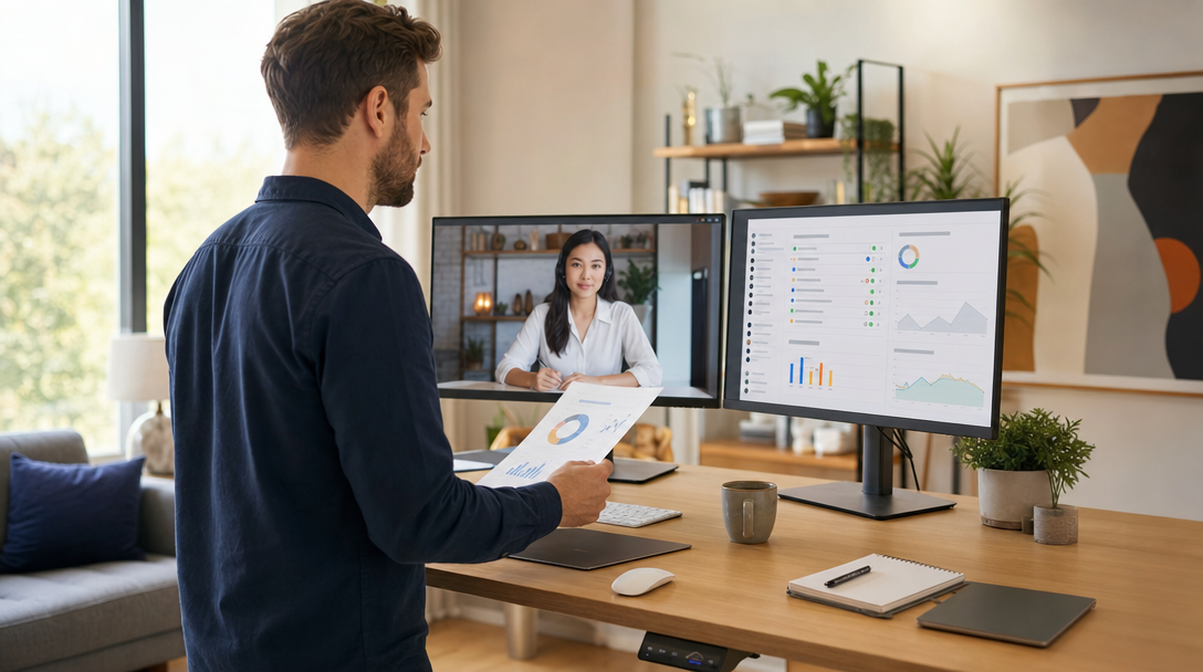 A marketing agency owner reviewing client reports at a standing desk, with a second monitor showing a task management dashboard — representing agency operations being handled by an offshore virtual assistant