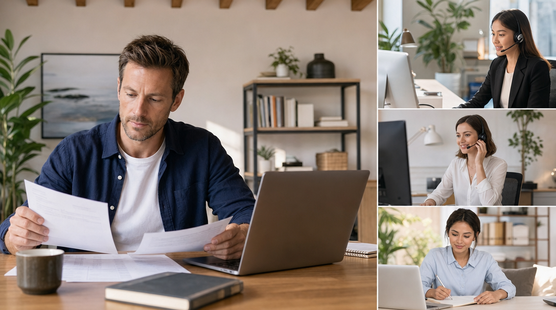 Side-by-side cost comparison of AI virtual receptionist, live answering service, and offshore VA monthly pricing with a founder reviewing invoices at a desk