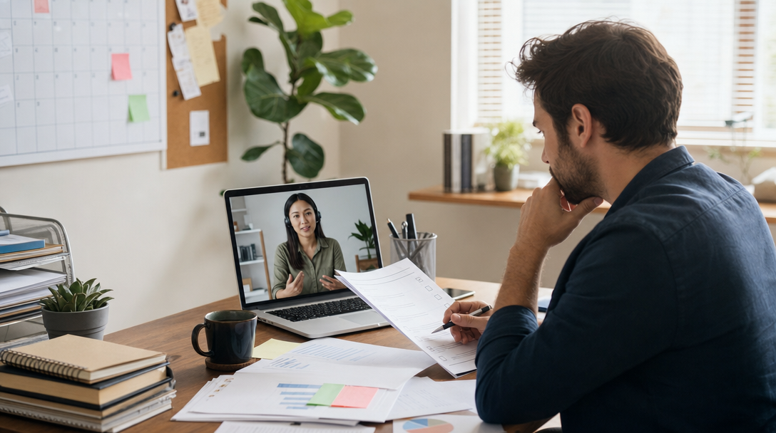 A startup founder at a cluttered desk reviewing a task list before handing work off to a virtual assistant on a laptop screen.